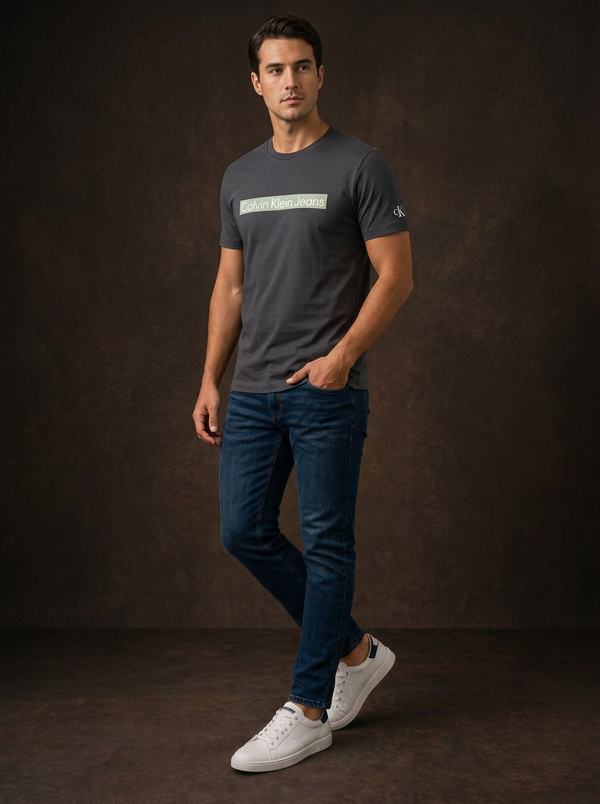 Calvin Klein Jeans Men's Box Logo Graphic T-Shirt - Charcoal — Editorial catalog photo aligned to brand reference styling; primary product image for search and accessibility.
