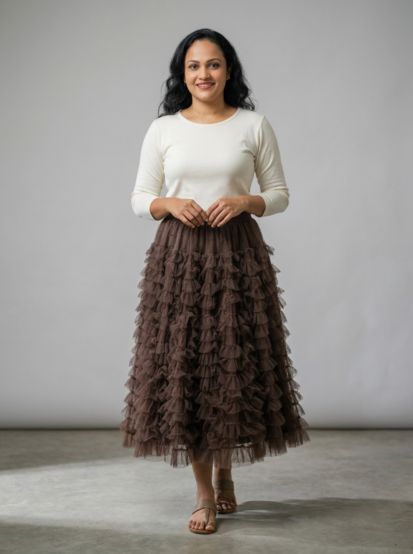 Chocolate Brown Tiered Tulle Maxi Skirt | Ruffled Mesh Skirt — Editorial catalog photo aligned to brand reference styling; primary product image for search and accessibility.