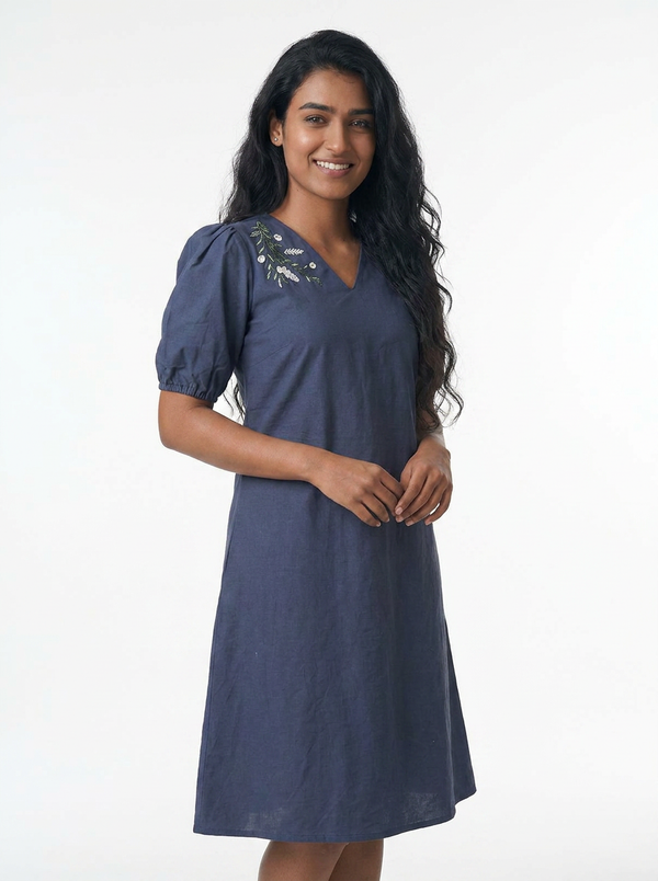 Embroidered Puff Sleeve Cotton A-Line Dress — Editorial catalog photo aligned to brand reference styling; primary product image for search and accessibility.