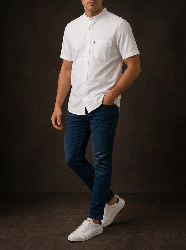 Levi's Men's White Band Collar Short-Sleeve Shirt | Casual Style — Editorial catalog photo aligned to brand reference styling; primary product image for search and accessibility.
