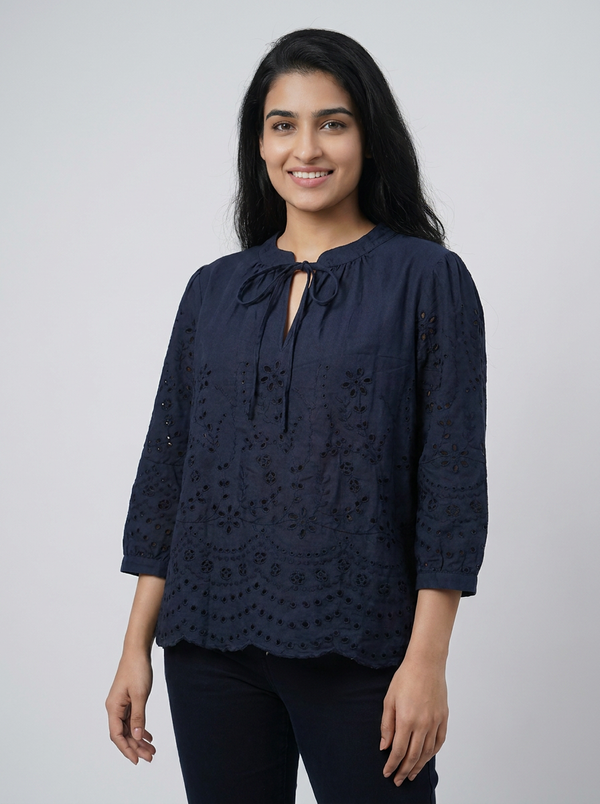 Navy Blue Embroidered Eyelet Blouse | Boho Tie-Neck Cotton Top — Editorial catalog photo aligned to brand reference styling; primary product image for search and accessibility.