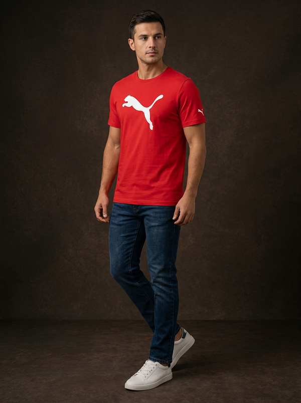 Model walking in red Puma athletic tee with white logo and dark denim.