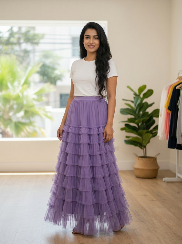 Purple Tiered Tulle Maxi Skirt | Ruffled Floor-Length Skirt — Editorial catalog photo aligned to brand reference styling; primary product image for search and accessibility.