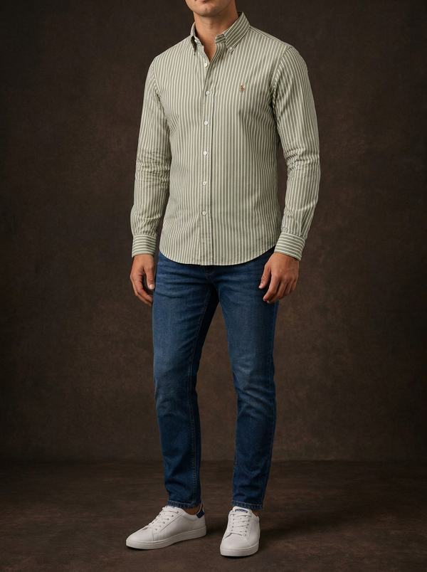 Ralph Lauren Men's Classic Fit Striped Polo Bear Shirt Sage Green — Editorial catalog photo aligned to brand reference styling; primary product image for search and accessibility.