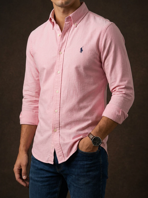 Ralph Lauren Men's Slim Fit Pink Oxford Shirt Long Sleeve — Editorial catalog photo aligned to brand reference styling; primary product image for search and accessibility.
