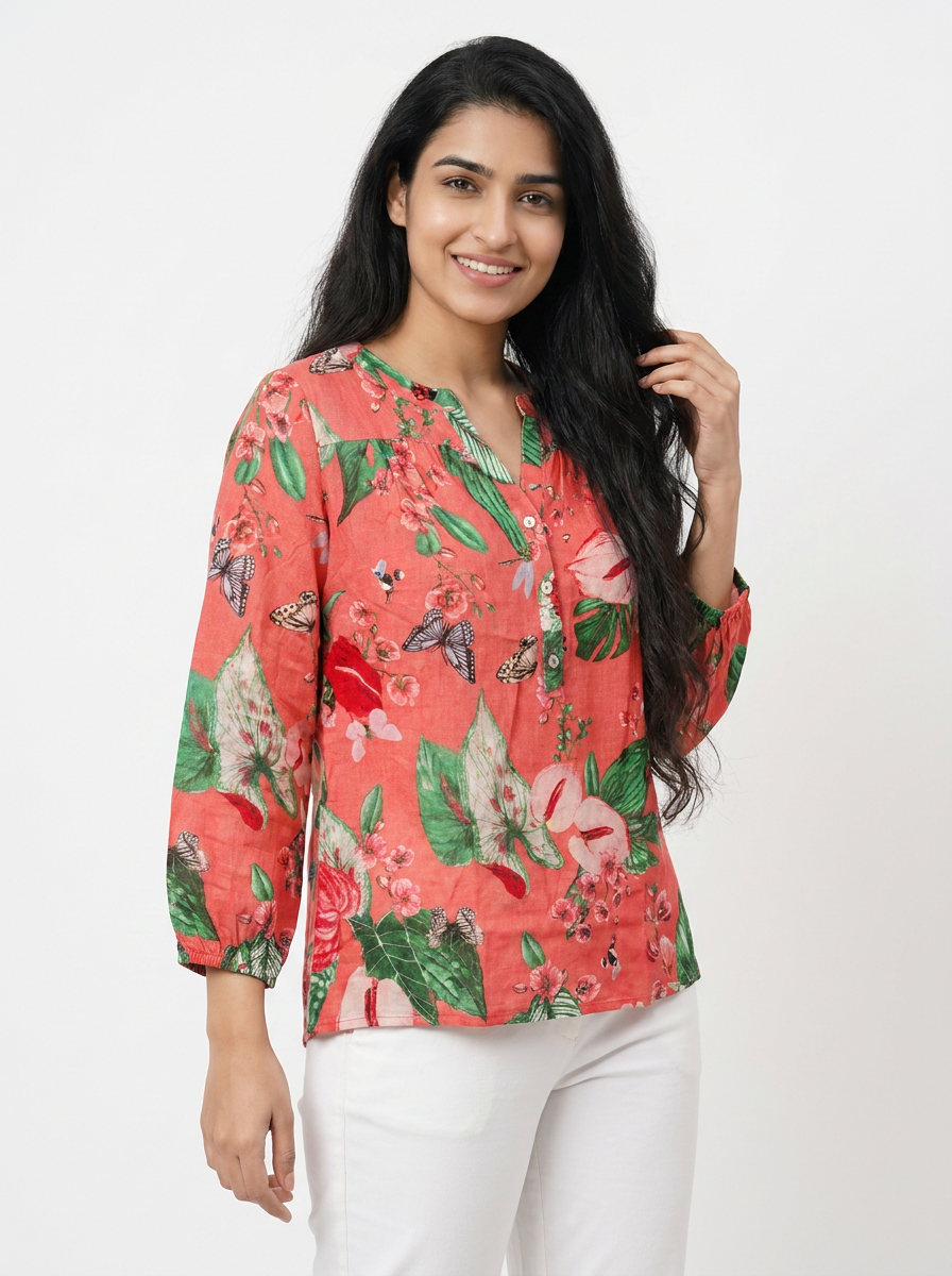 Tropical Floral & Butterfly Print Blouse | 3/4 Sleeve Henley Top — Editorial catalog photo aligned to brand reference styling; primary product image for search and accessibility.