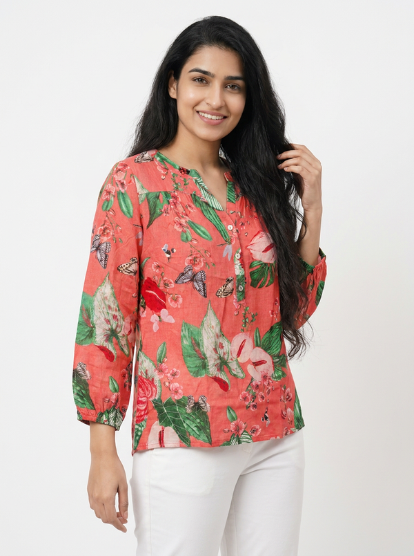 Tropical Floral & Butterfly Print Blouse | 3/4 Sleeve Henley Top — Editorial catalog photo aligned to brand reference styling; primary product image for search and accessibility.