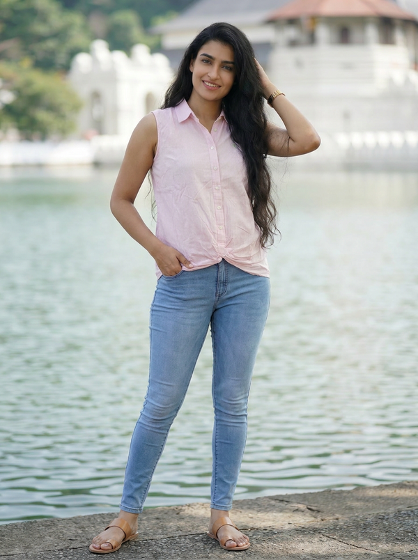 U.S. Polo Assn. Pink Stripe Tie-Front Sleeveless Shirt | Summer Top — Editorial catalog photo aligned to brand reference styling; primary product image for search and accessibility.