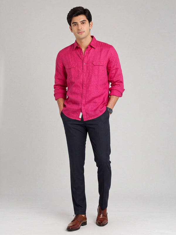 Allen Solly Men's Fuchsia Pink 100% Linen Long Sleeve Shirt