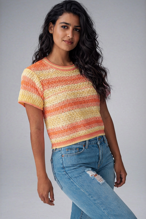 Sunset Striped Knit Crop Top | Short Sleeve Sweater Top