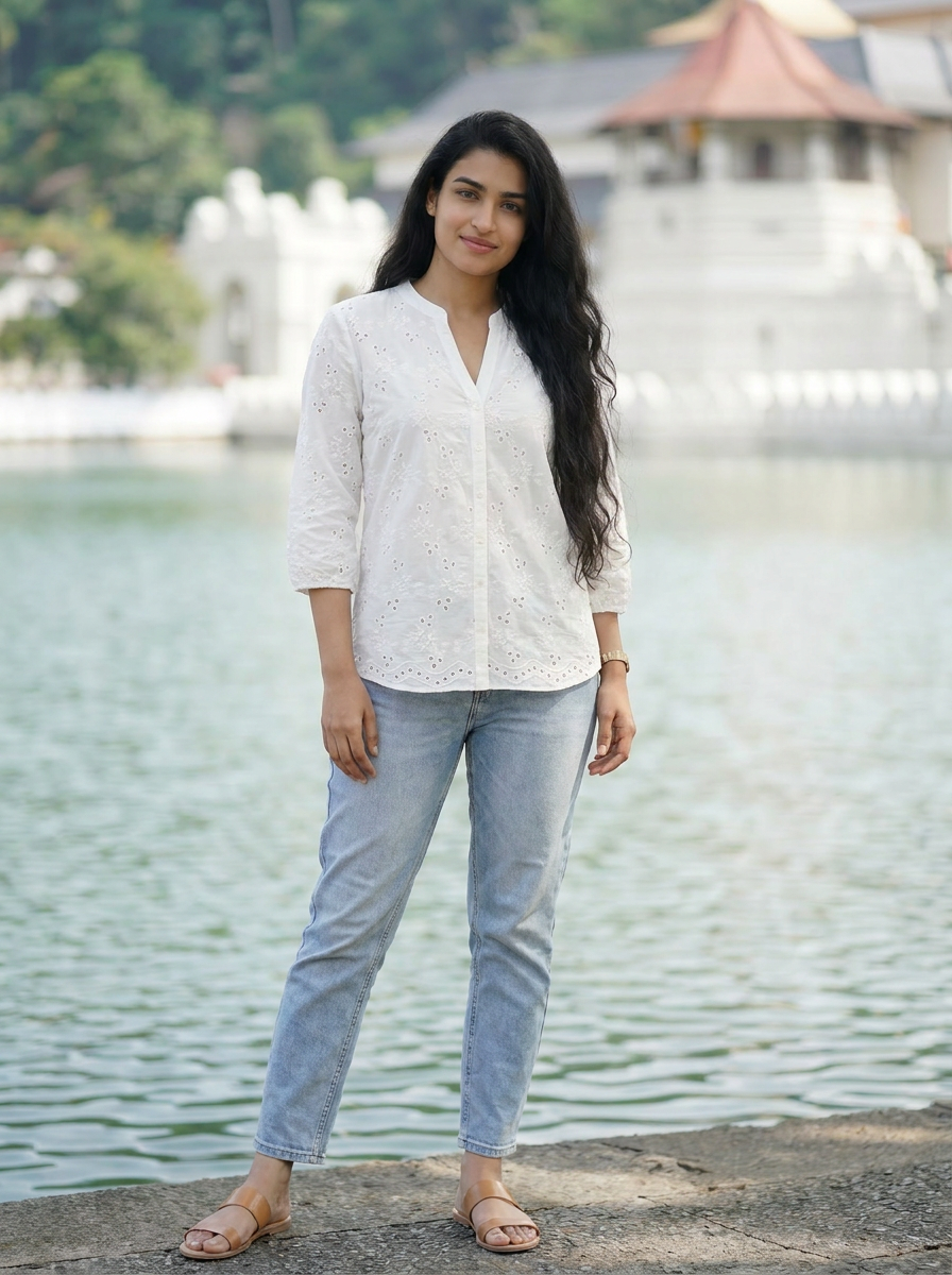 White Broderie Anglaise Button-Up Blouse | Cotton Eyelet Top — Editorial catalog photo aligned to brand reference styling; primary product image for search and accessibility.