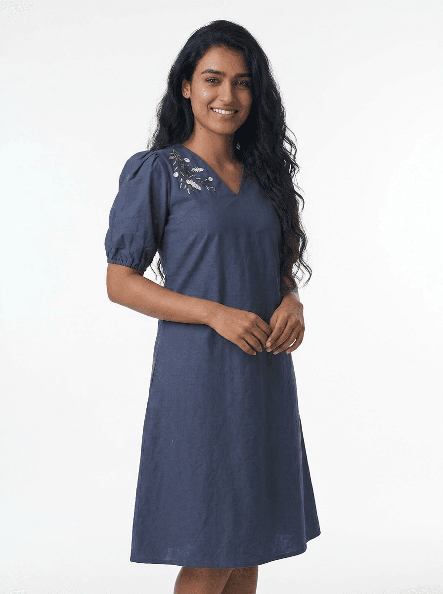 Embroidered Puff Sleeve Cotton A-Line Dress