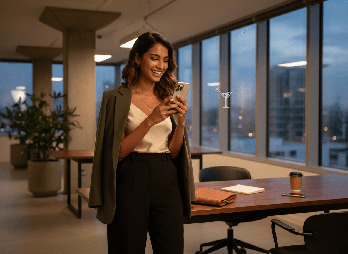 A modern Sri Lankan woman planning her after work style with a versatile desk to dinner outfit.