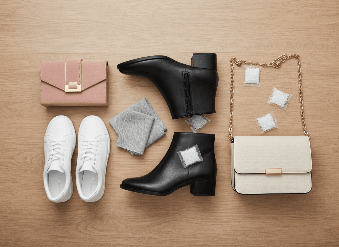 A collection of modern women's accessories ready for shoe and handbag care in Sri Lanka.