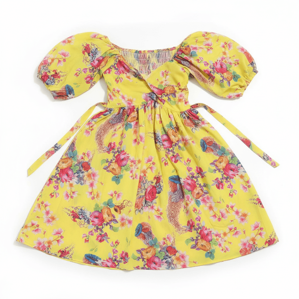 Yellow Floral & Bird Print Puff Sleeve Mini Dress — image 3