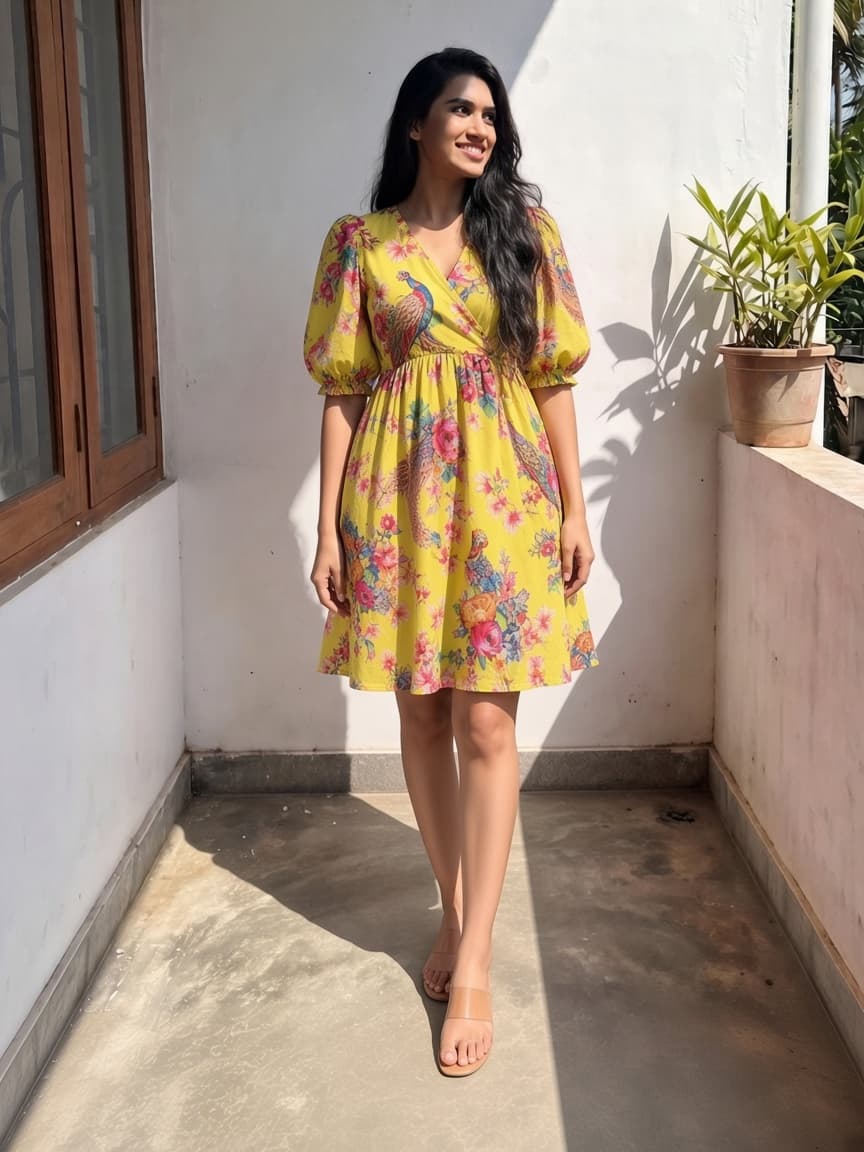 Yellow Floral & Bird Print Puff Sleeve Mini Dress — image 1
