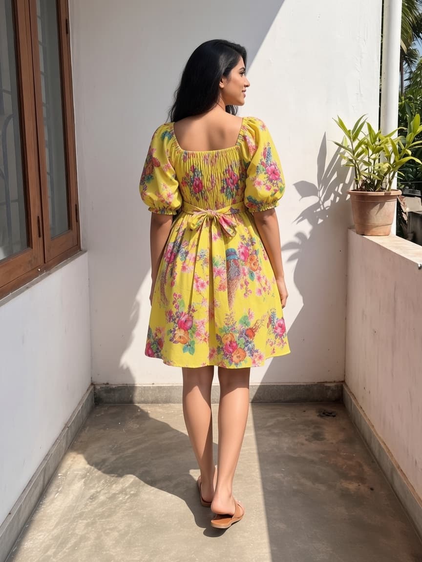 Yellow Floral & Bird Print Puff Sleeve Mini Dress — image 2