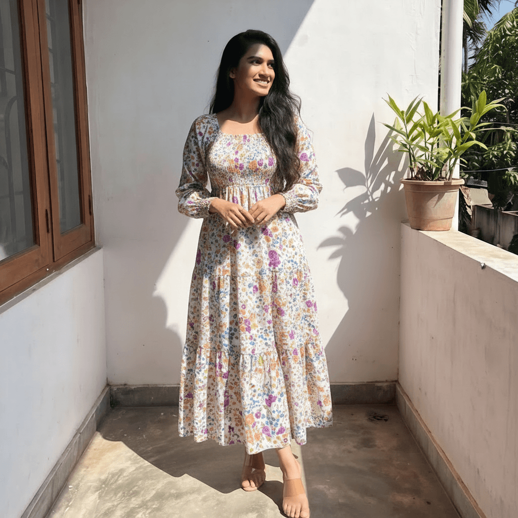Colorful Floral Smocked Bodice Tiered Maxi Dress — image 1