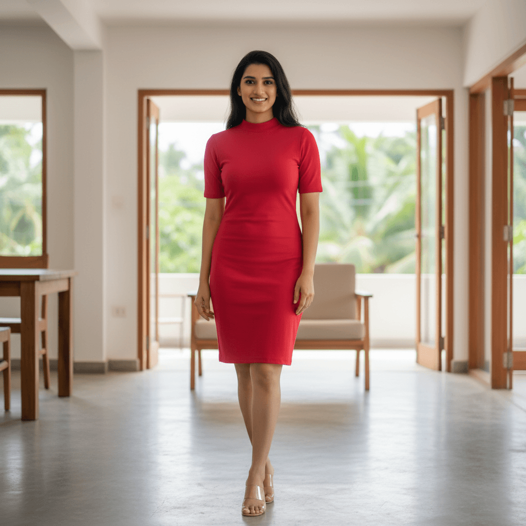 Solid Red Short Sleeve Mock Neck Bodycon Dress