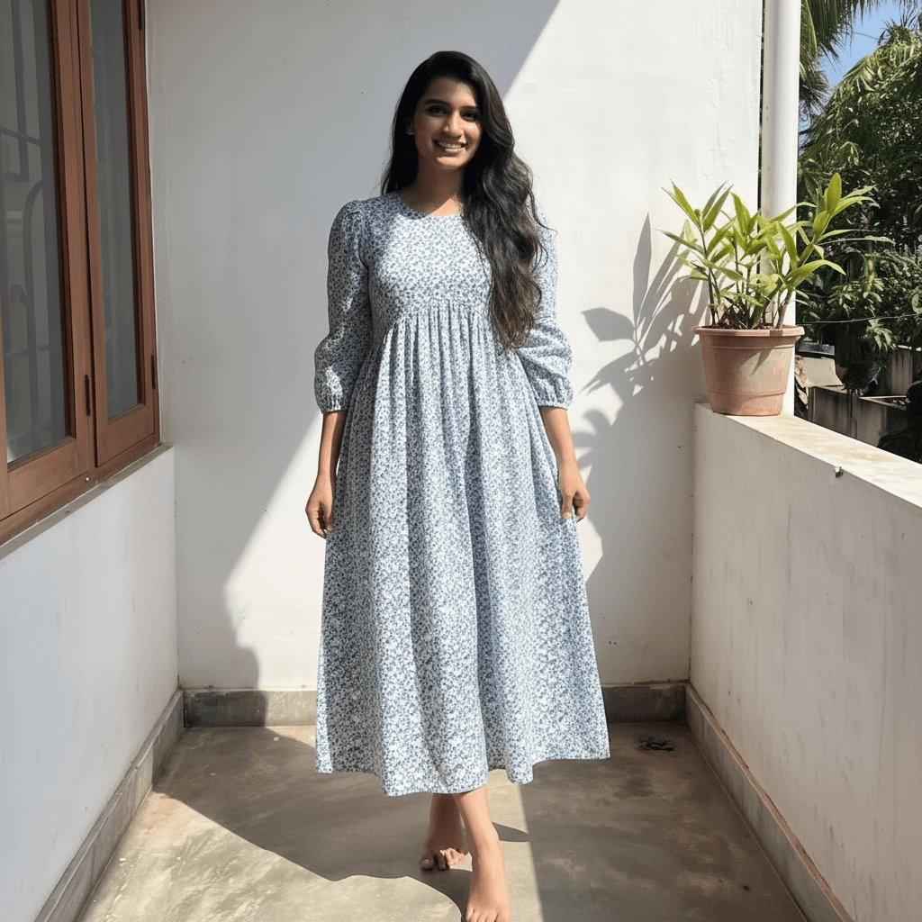 Blue Ditsy Floral Puff Sleeve Tie-Waist Long Dress