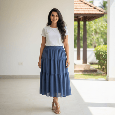 Women's Dark Blue Tiered Flowy Boho Maxi Skirt