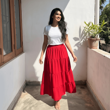Vibrant Red Tiered Long Boho Maxi Skirt for Women