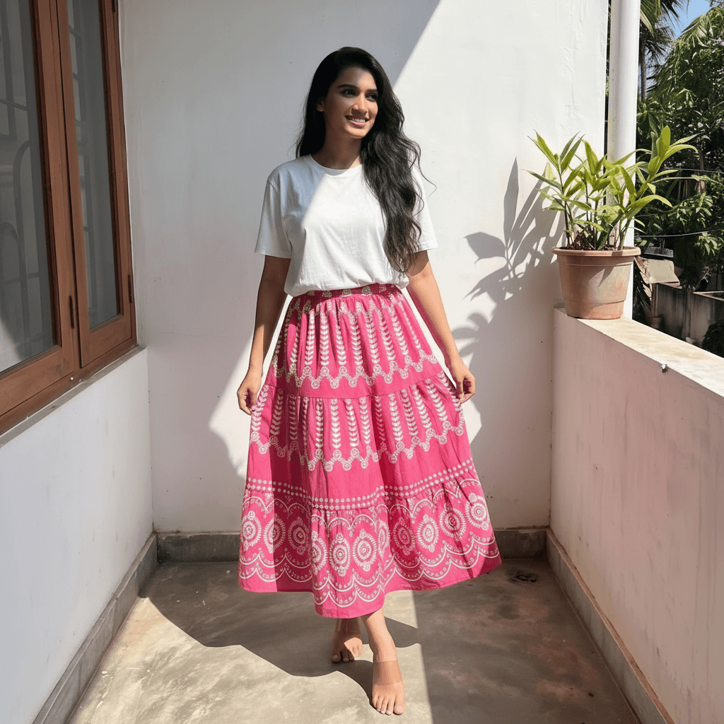 Pink Boho Floral Print Tiered Maxi Skirt