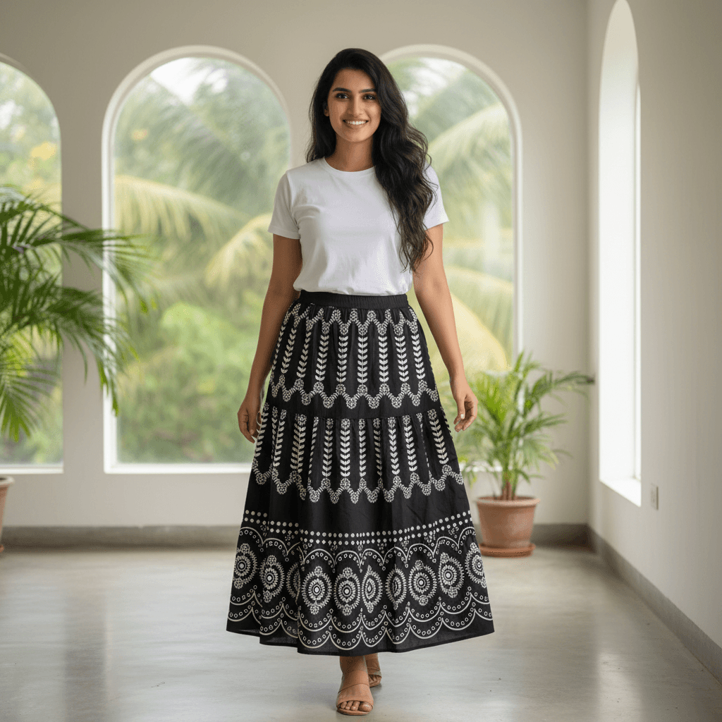 Black and White Tiered Maxi Skirt