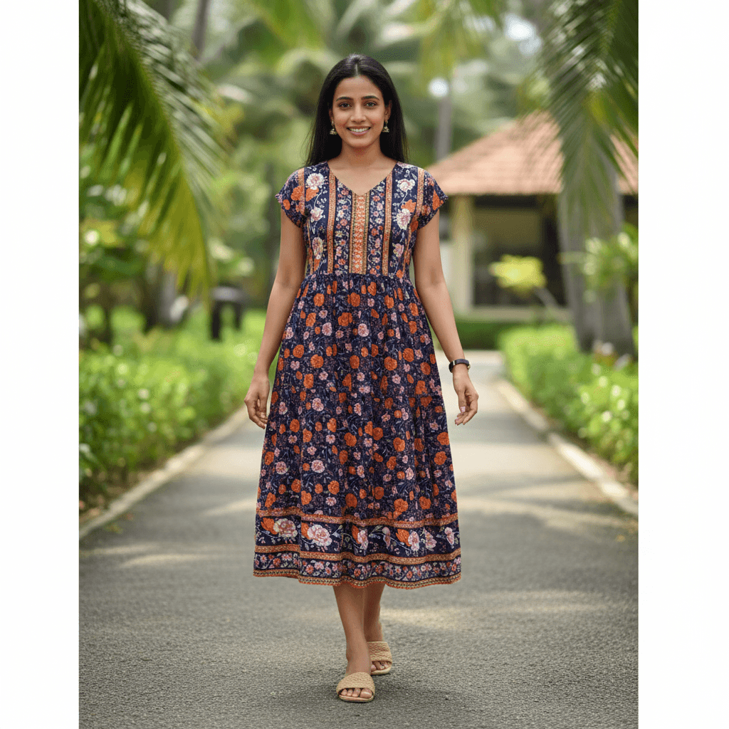 Women's Dark Blue Floral Midi Dress Sri Lanka