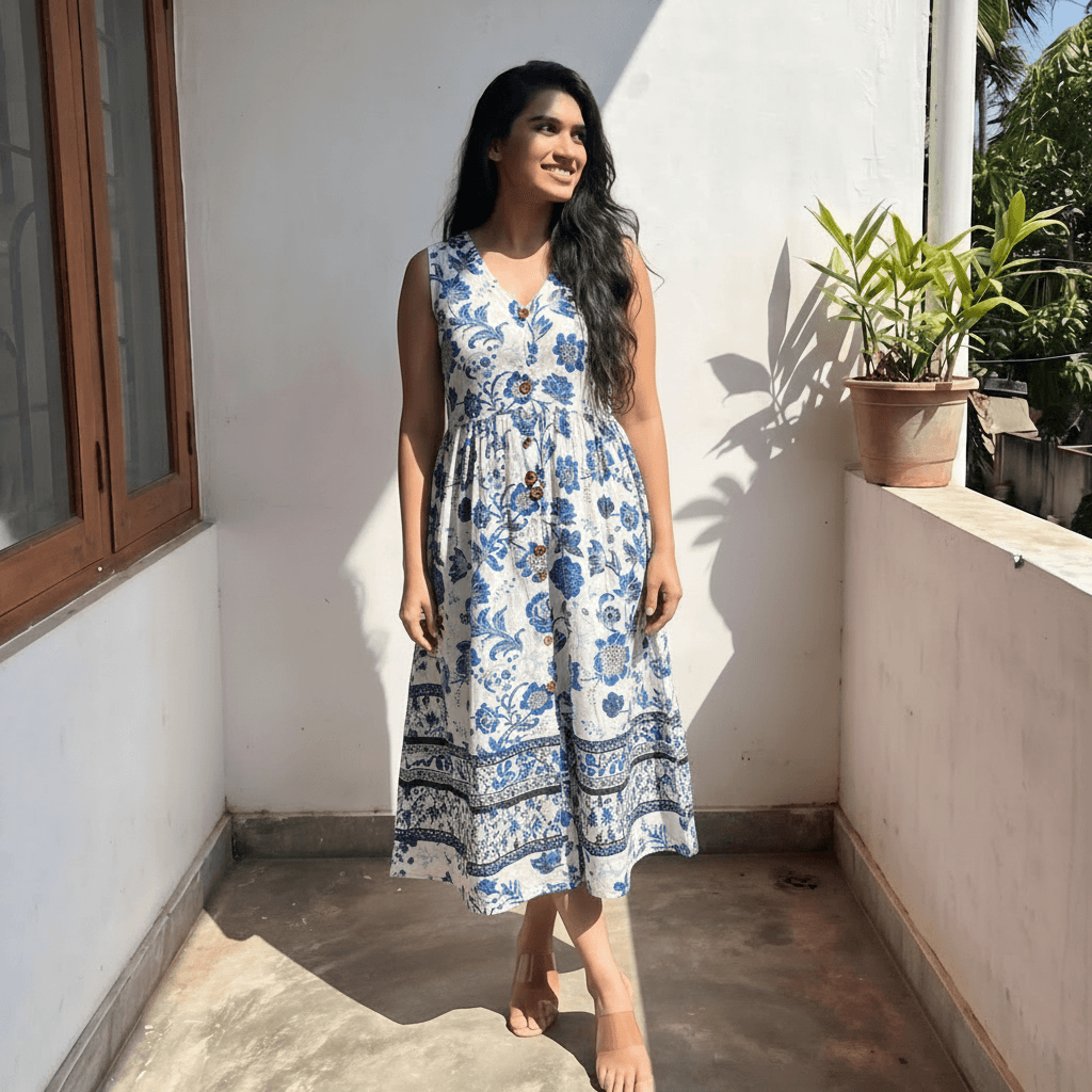Women's Blue Floral Midi Dress Sri Lanka
