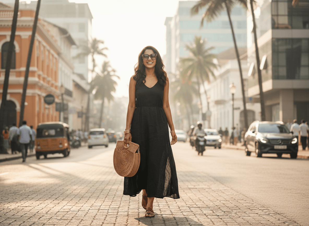 modern women style wearing black in hot weather