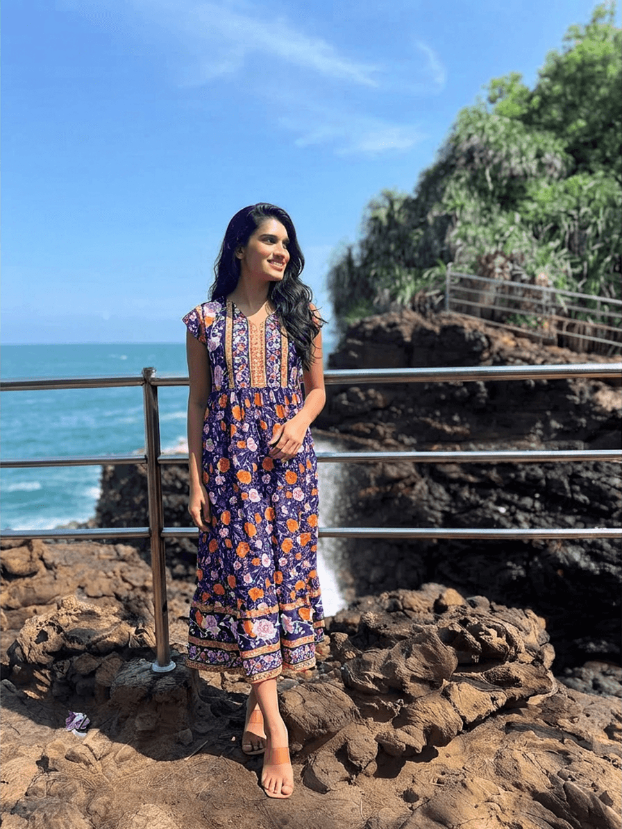 Women's Dark Blue Floral Midi Dress Sri Lanka