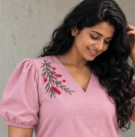 Embroidered Cotton Shift Dress with Puff Sleeves | Dusty Pink — image 3