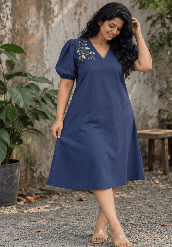 Embroidered Puff Sleeve Cotton A-Line Dress