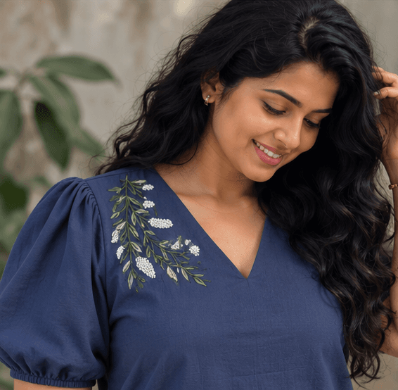 Embroidered Puff Sleeve Cotton A-Line Dress — image 3