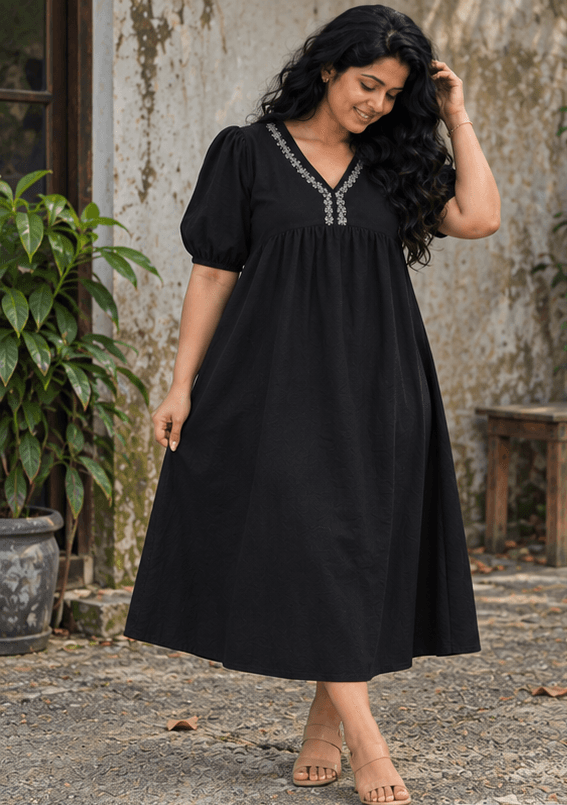 Embroidered V-Neck Boho Midi Dress with Puff Sleeves | Black