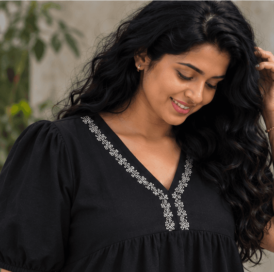 Embroidered V-Neck Boho Midi Dress with Puff Sleeves | Black — image 3