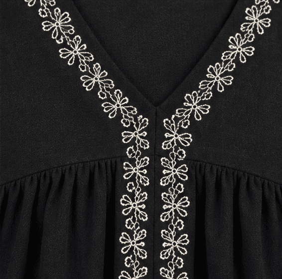 Embroidered V-Neck Boho Midi Dress with Puff Sleeves | Black — image 6
