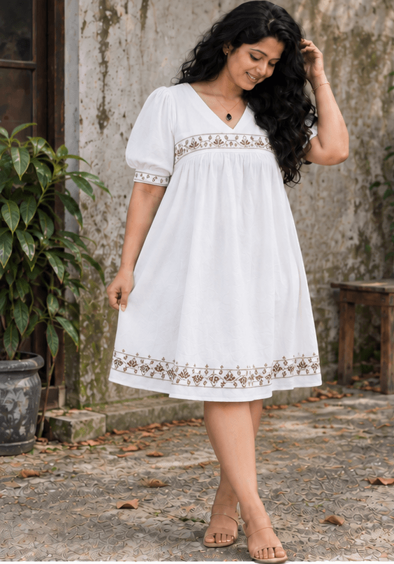 White Embroidered Linen Dress with Puff Sleeves | Summer Style