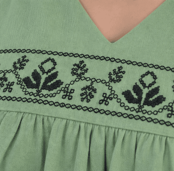 Thea Sage Green Embroidered Linen Dress | Casual Smock Fit — image 4
