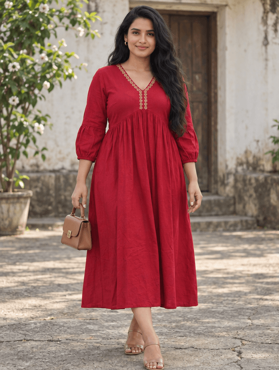 Red Embroidered Empire Waist Maxi Dress | Elegant & Flowy