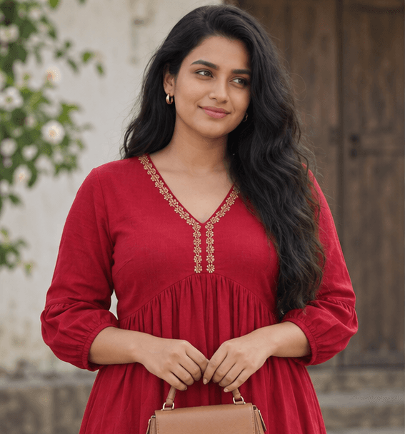 Red Embroidered Empire Waist Maxi Dress | Elegant & Flowy — image 3