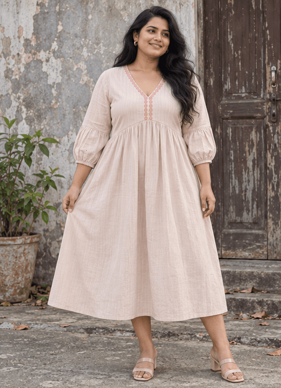 Blush Pink Embroidered V-Neck Midi Dress | Puff Sleeve Boho Style
