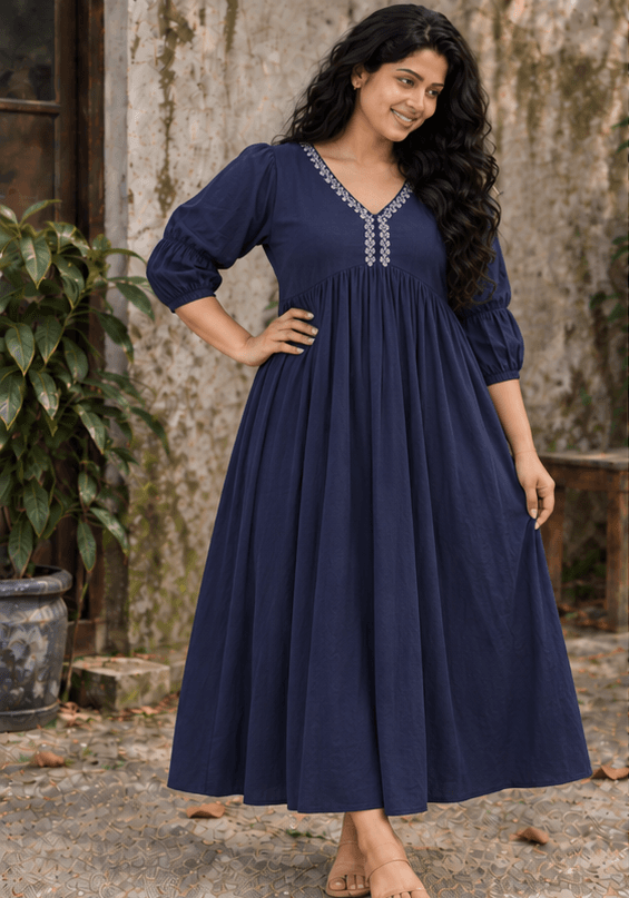 Boho Embroidered V-Neck Midi Dress | Navy Blue Cottagecore Style