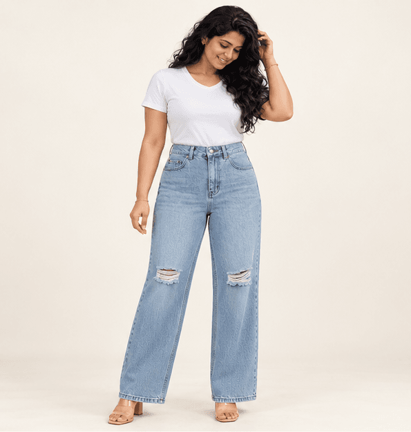 Women's Ice Blue Patch Wide Leg Jeans Sri Lanka