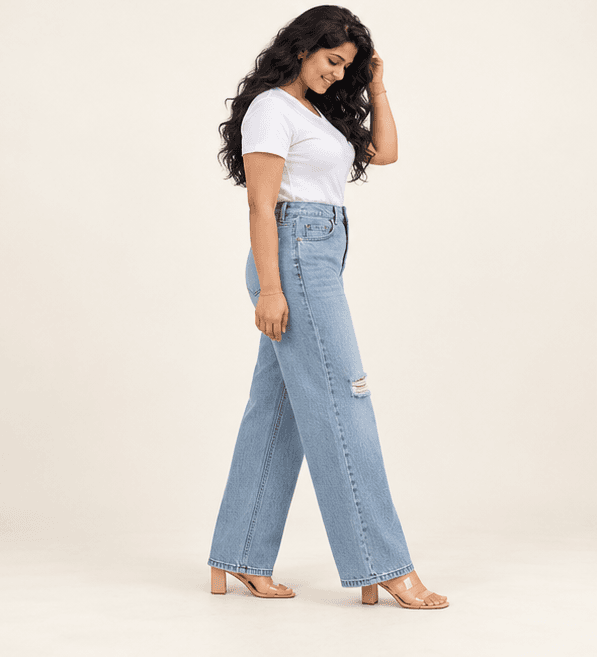 Women's Ice Blue Patch Wide Leg Jeans Sri Lanka — image 4
