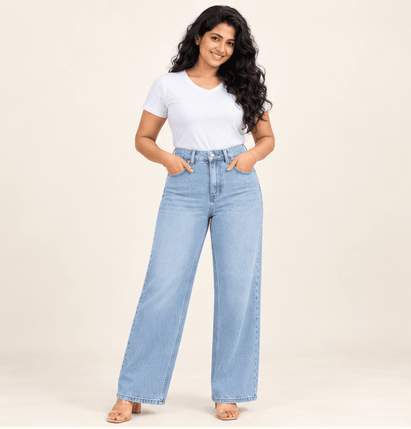Women's Wide Leg Ice Blue Jeans - High Waisted Denim for Women