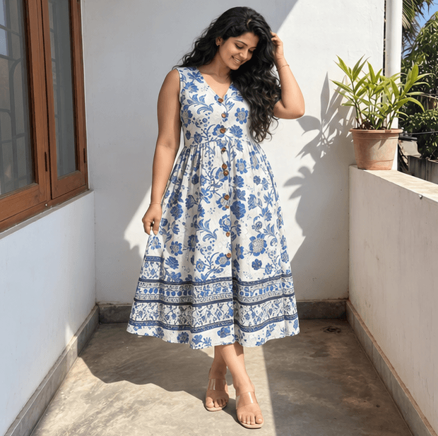 Women's Blue Floral Midi Dress Sri Lanka