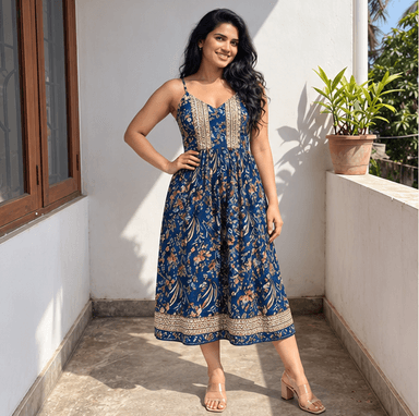 Women's Dark Blue Floral Midi Dress Sri Lanka