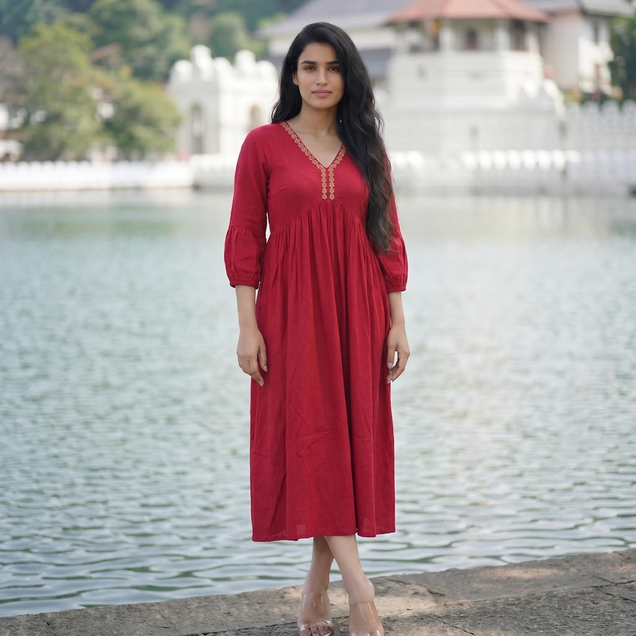 Red Embroidered Empire Waist Maxi Dress | Elegant & Flowy